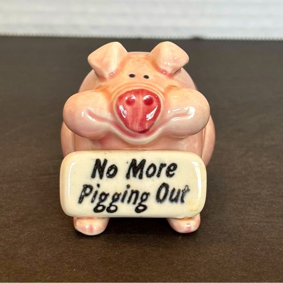 Source Unknown Other - Anthropomorphic Pink Pig Figurine Ceramic Porcelain Sign No More Pigging Out Vtg